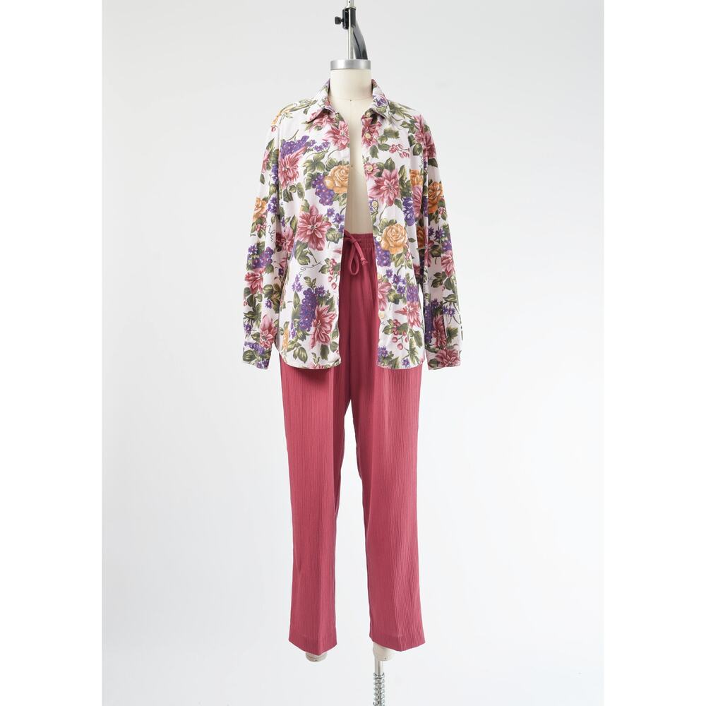 Vintage 90s Floral Grape Vine Print Shirt Cotton Corduroy Collared Blouse M - Picture 2 of 8